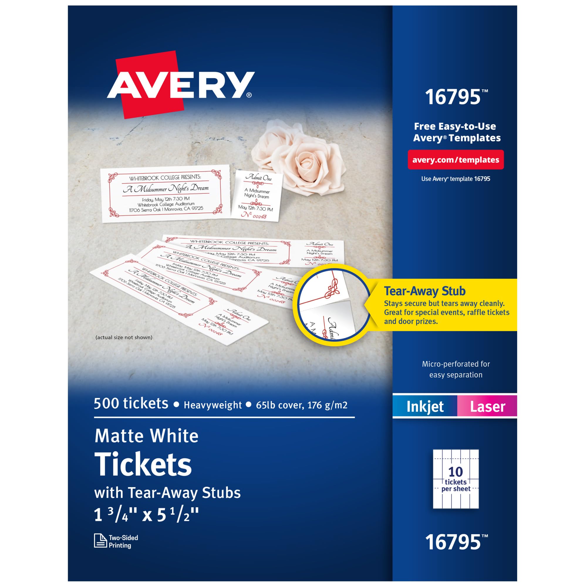 印紙1 Avery Matte White Printable Tickets with Tear-Away Stubs, 1-3/4 x